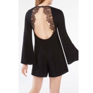 BCBG Black Lace Open Back Romper With Bell Sleeves